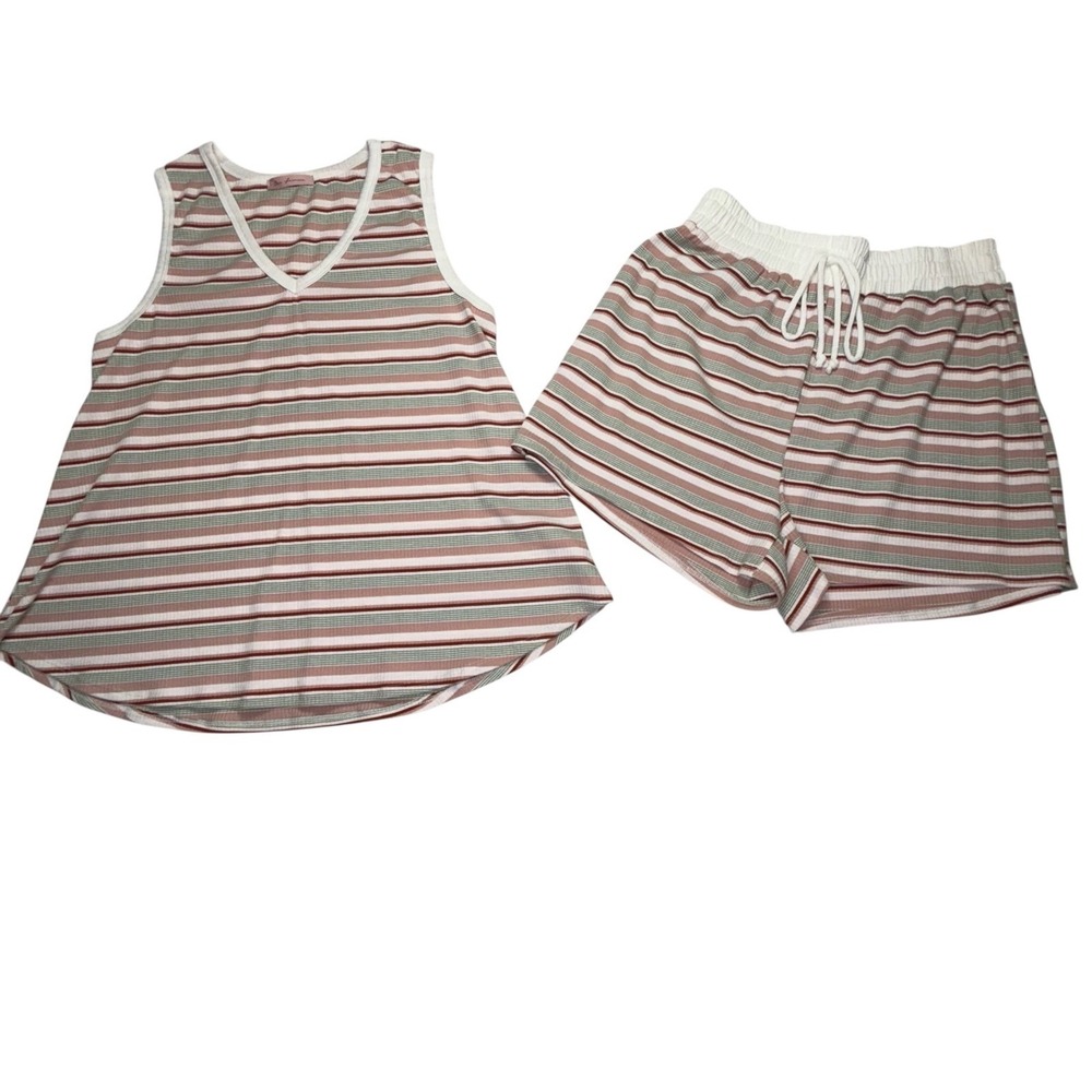Womens Lounge Set Striped Tank Top Shorts Rayon Spandex Pajama Set L NWOT